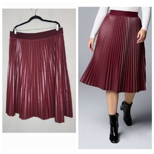 NWT Simply Vera Vera Wang Faux-Leather Maroon Pull On Pleated Midi Skirt XXL